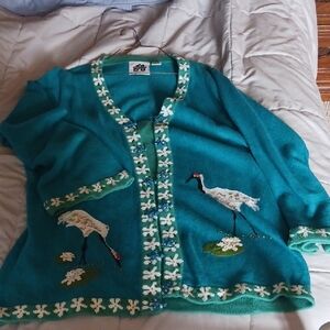 Storybook Knits Blue Cardigan Sweater with Marine Life Appliques